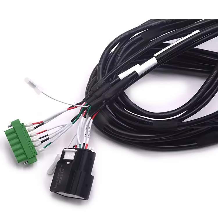 Coiled black battery wire harness showing heat-shrink breakout and multi-pin connector terminations.