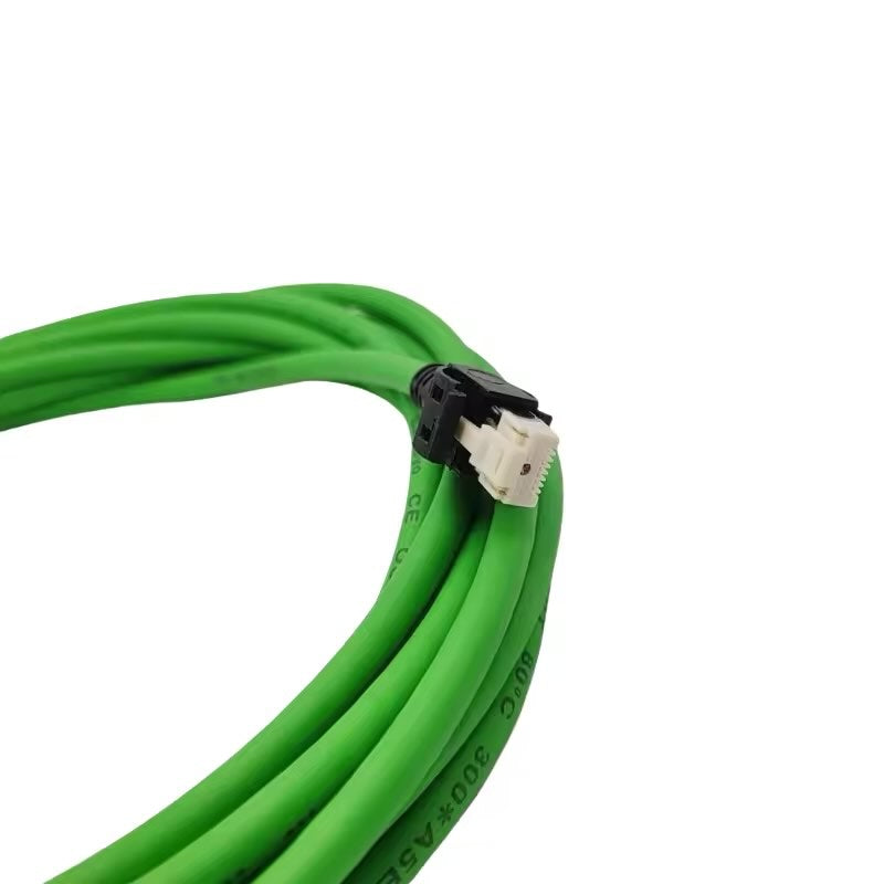 High-density 17-pin M23 motor feedback connector and RJ45 drive plug for Schneider Electric motion control systems.