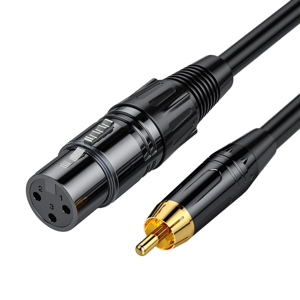 Industrial XLR female to RCA male unbalanced interconnect for connecting professional audio gear to commercial amplifiers.