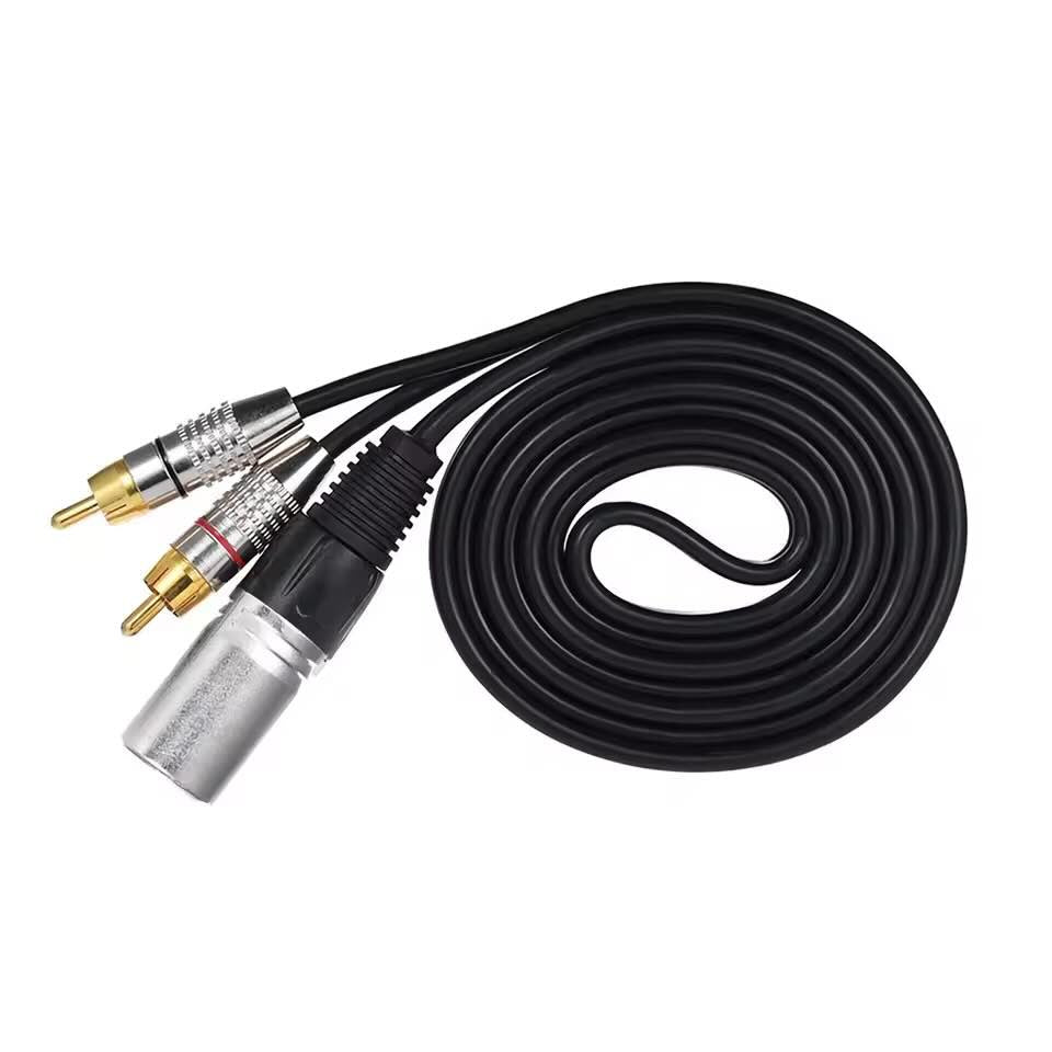 Gold-plated XLR to 2-RCA male cable assembly with ruggedized zinc alloy housing and black industrial jacket.