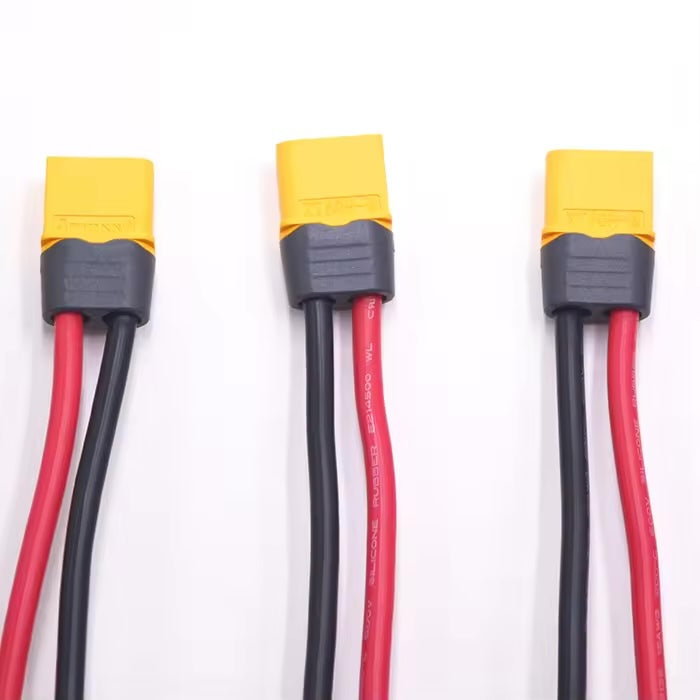 Custom battery cable assembly featuring XT60H Male plug and flexible UL3135 insulation.