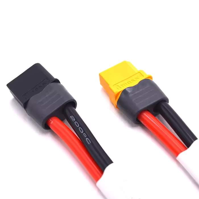 Coiled XT60 battery wiring harness extension displayed on a neutral background for engineering review.