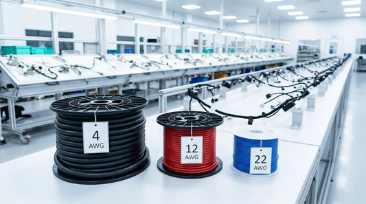 Wide-angle industrial photograph inside a modern custom cable manufacturing facility showing massive spools of varying AWG wire