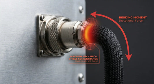 A macro photograph of a wire harness bent at a 90-degree angle, featuring graphic overlays that illustrate the 'bending moment.'