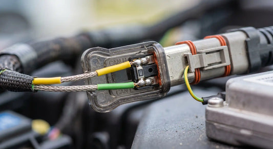 Detailed macro photo focusing on the precise termination resistor soldered across the CAN high and low terminals within a robust connector, showcasing a well-executed termination point on a daisy-chain CAN bus.