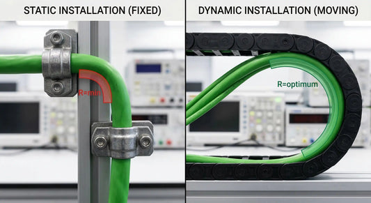 Split-screen macro photo contrasting static and dynamic cable bends. The left side (Static) shows a tight 90-degree bend firmly clamped.