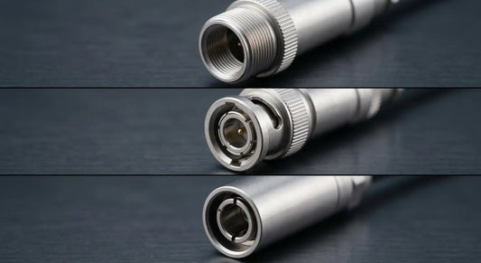 A close-up, three-part photograph comparing the physical locking mechanisms of threaded, bayonet, and push-pull circular connectors, highlighting the machined threads, locking pins, and outer sleeves.