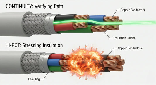 A technical 3D illustration visualizing the difference between continuity and Hi-Pot testing.