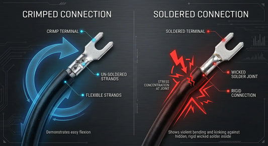 Split-screen infographic comparing the flexibility of a crimped versus soldered connection under mechanical stress.