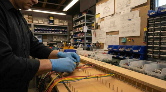 An experienced manufacturing engineer's hands carefully routing wires on a complex custom harness