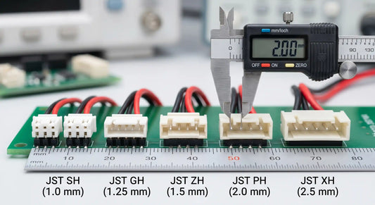 A precise macro photograph showcasing a lineup of five different JST connector types (SH, GH, ZH, PH, XH) arranged in order of increasing pin pitch on a PCB.