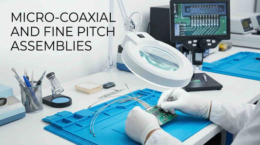 A professional workspace showing a technician assembling micro-coaxial cables and fine pitch connectors on a blue anti-static mat, using a magnifying lamp and precision tools.