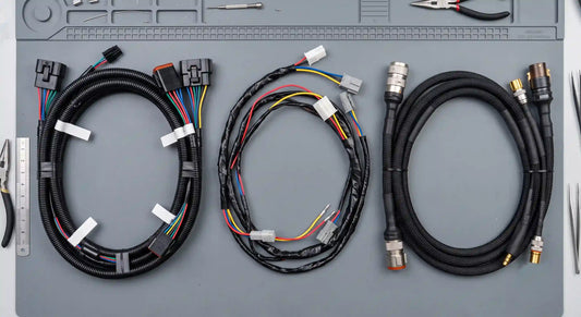 A top-down comparative photograph showing a standard OEM wire harness, a lower-quality aftermarket harness, and a premium custom-engineered harness with braided sleeving side-by-side.