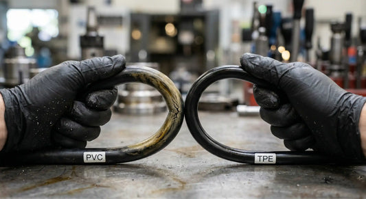 A hand-held comparison of two oil-exposed cables being bent. The PVC cable on the left is stiff and cracking, while the oil-resistant TPE cable on the right remains flexible.