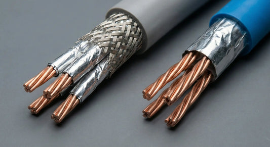 A close-up photograph comparing the internal structures of two Ethernet cables. On the left, an S/FTP cable shows individual shields around wire pairs, while on the right, an F/UTP cable shows only one overall shield around all pairs.