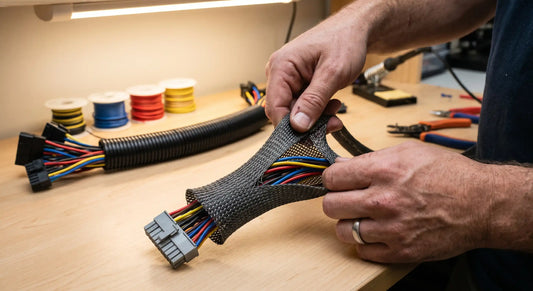 technician is pulling and smoothing dark grey expandable braided sleeving over a complex wire harness with multiple connectors, demonstrating its dynamic stretching and conforming fit.