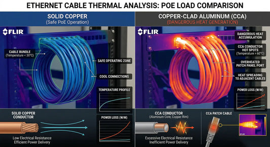 Solid copper cables operate safely at cool temperatures, while CCA (Copper-Clad Aluminum) cables generate dangerous red hot spots due to their higher resistance, visualizing the risk of using CCA in power applications.