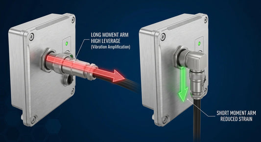 Vector overlays contrast the high-leverage 'long moment arm' of a straight connector against the stable, low-profile 'short moment arm' of a right-angle connector mounted to a control panel.