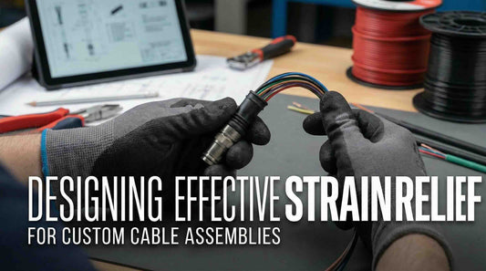 engineer is checking the strain relief a custom cable assembly for a connector and wires