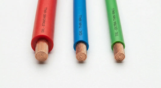 The image clearly demonstrates that while the internal copper conductors are identical in size, the outer cross-linked insulation thickness decreases significantly from SXL down to the extra-thin TXL, explaining their physical differences.