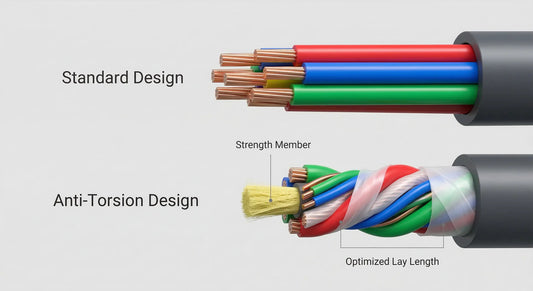 A macro cross-section comparison of two cable anatomies. The top shows a standard parallel conductor layout, while the bottom highlights a specialized anti-torsion design featuring bundled conductors