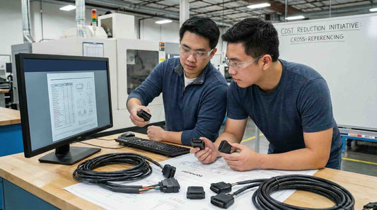 2 engineers are comparing the black housing connectors at the factory for searching the alternatives component for the custom cable assembly