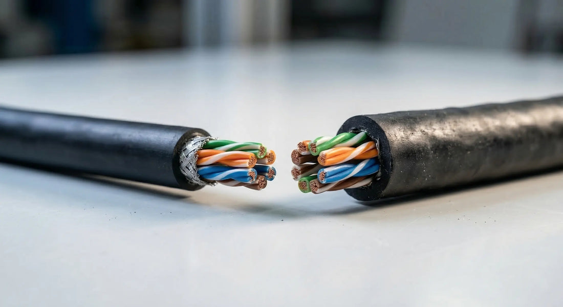 Side-by-side macro photograph comparing a pristine, smooth cable jacket to a severely swollen, blistered, and deformed jacket caused by prolonged solvent exposure