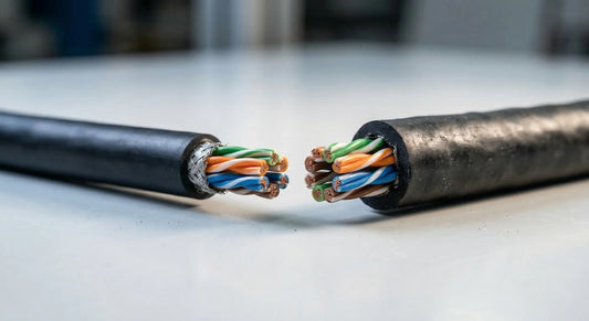 Side-by-side macro photograph comparing a pristine, smooth cable jacket to a severely swollen, blistered, and deformed jacket caused by prolonged solvent exposure