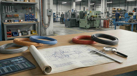 difference color of cables laying on the table in the factory background