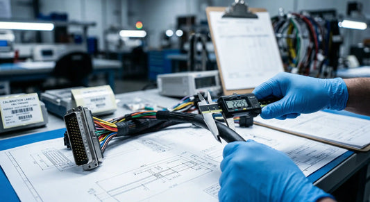 Professional photograph of an engineering quality control workbench. A custom wire harness is being measured with digital calipers over technical blueprints.