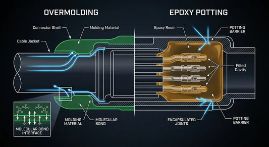 A technical cross-sectional illustration comparing how overmolding creates a direct material bond versus how epoxy potting completely encapsulates internal connections to prevent water ingress.