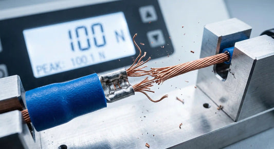 A high-resolution macro photograph showing a wire pull tester snapping a crimped terminal off a stranded wire, with a digital readout indicating the peak force just before failure.