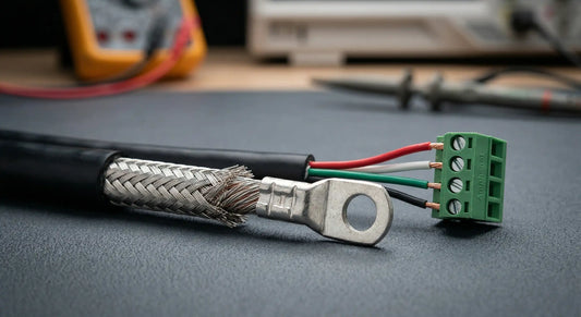 The tinned copper braided shield is combed and crimped into a ring terminal for grounding, positioned next to the signal wires terminated into a pluggable terminal block.