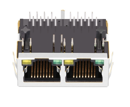 TW2J37054AENL, 1000 Base Magjack 1x2 Port RJ45 Tab Down with Green/ Yellow Led - front view