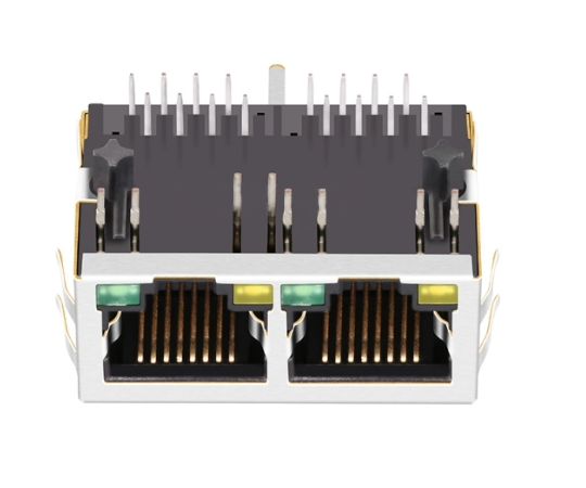 TW2J37512ADNL, 100 Base Modular Jack 1x2 Port RJ45 Tab Down with Yellow/ Green Led - front view