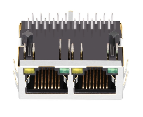 TW2J375159AENL, 100 Base Modular Jack 1x2 Port RJ45 Tab Down with Green/ Yellow Led - front view