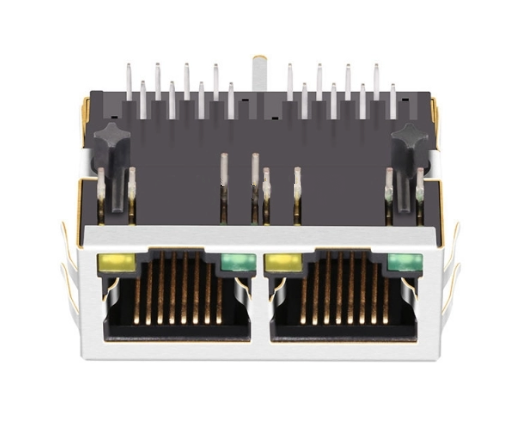 TW2J37315AENL, 100 Base Modular Jack 1x2 Port RJ45 Tab Down with Green/ Yellow Led - front view