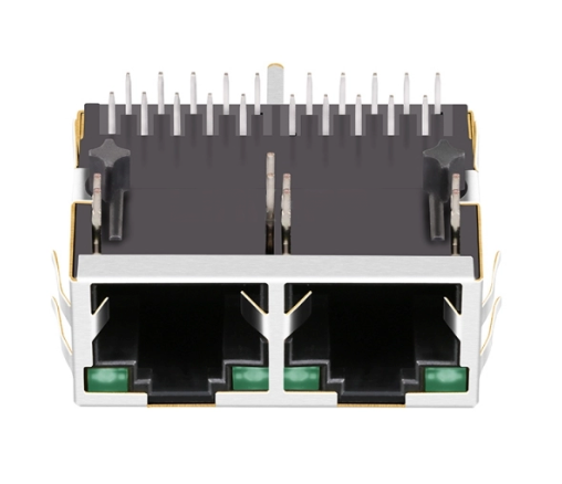 TW2J39962AFNL, 1000 Base Modular Jack 1x2 Port RJ45 Tab Down with Green/ Green Led - front view