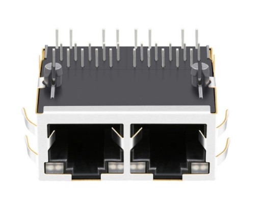 TW2J38416A58NL, 1000 Base MagJack 1x2 Port RJ45 Tab Up with Green&Yellow/ Green&Yellow Led - front view