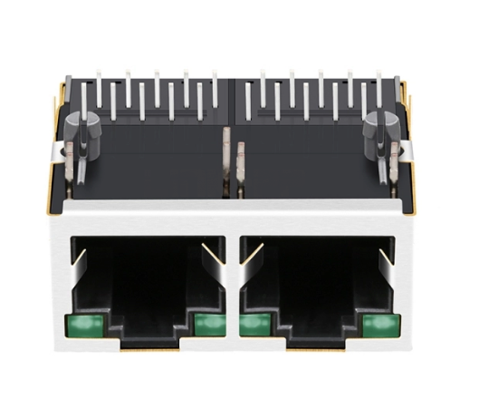 TW2J39929BFL, 1000 Base MagJack 1x2 Port RJ45 Tab Up with Green/ Green Led - front view