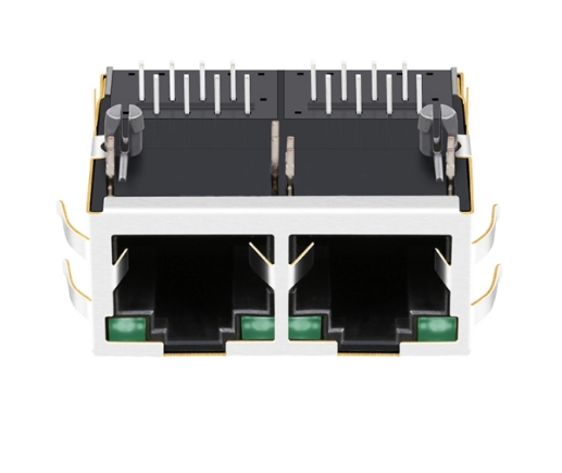 TW2J39247AFNL, 100 Base MagJack 1x2 Port RJ45 Tab Up with Green/ Green Led - front view
