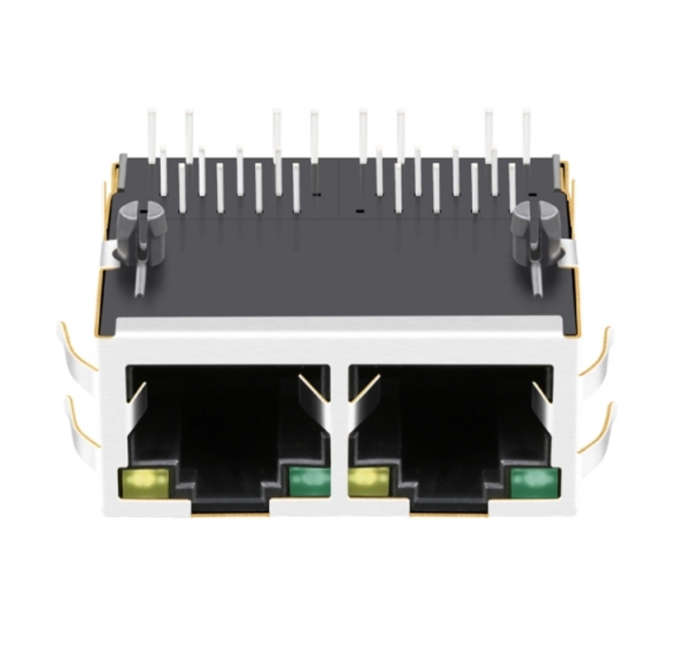 TW2J343563A39NL, 100 Base MagJack 1x2 Port RJ45 Tab Up and Green/Yellow Led - front view