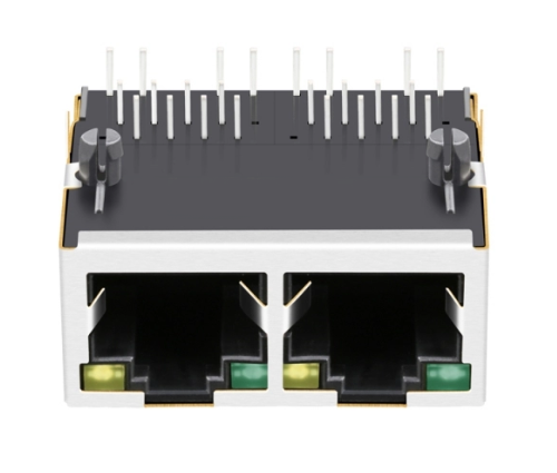 TW2J32115BENL, 100 Base MagJack 1x2 Port RJ45 Tab Up Green/Yellow Led - front view