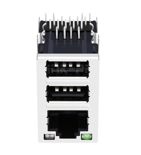 TWU6414B61NL, 1000 Base RJ45 Modular Jack with Dual USB with Transformer Tab Up with Green/ Green&Yellow Led - front view