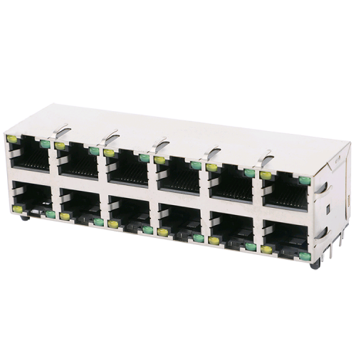 1000 Base gigabit 2x6 Port Integrated Magnetics RJ45 Jack Tab Both with Yellow&Green/ Yellow& Green Led - side view