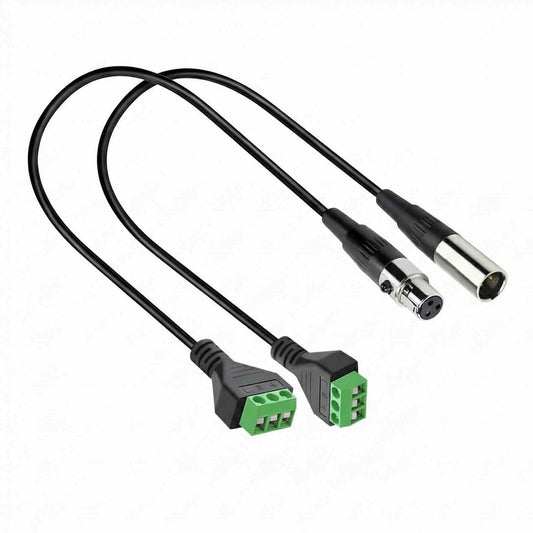 Industrial 3-pin green screw terminal block to 3-pin XLR male connector assembly on a white background.