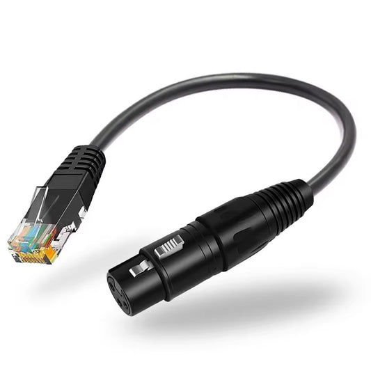 Industrial 3-pin XLR female to RJ45 male adapter cable with a durable black jacket and molded strain relief.