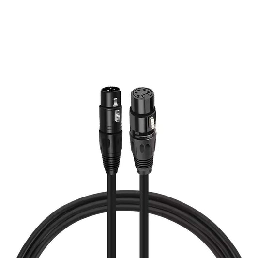 Shielded 3-pin XLR male to 5-pin XLR female signal cable with black industrial-grade jacket and metal connector housings.