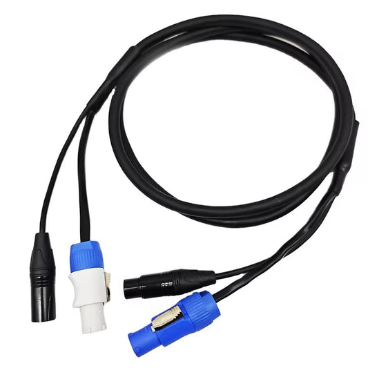 Hybrid cable assembly with blue/grey Powercon connectors and black 3-pin XLR connectors for stage lighting.