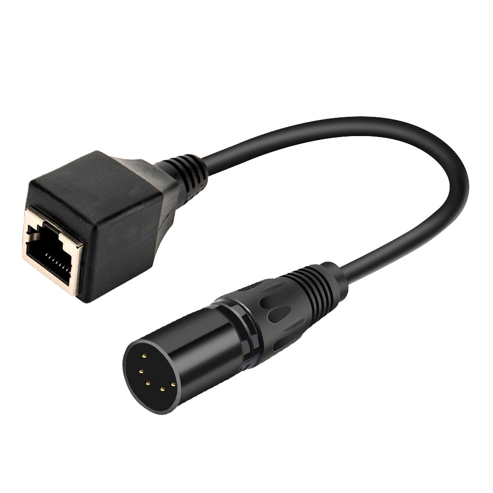 Industrial 5-pin XLR male to RJ45 female Ethernet adapter with a durable black PVC jacket and molded strain relief.
